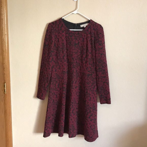 LOFT - Red and Black Flower Long Sleeve Dress - Picture 1 of 4